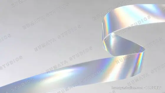 3D render of iridescent glass ribbon twisting on light background