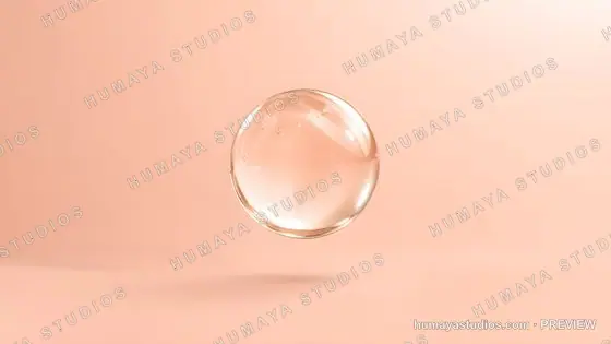 Transparent cosmetic serum bubble floating over peach background