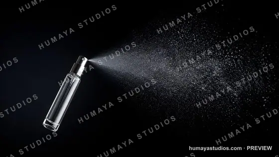 Perfume atomizer spraying mist on black background