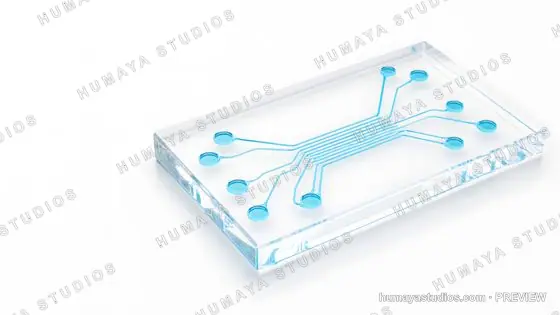 Microfluidic Chip with Blue Channels and Wells on Transparent Substrate