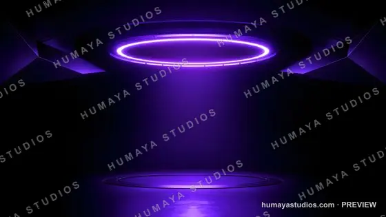 Futuristic purple neon stage with glowing circular light overhead