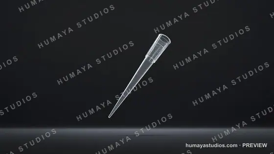 Transparent micropipette tip floating in a dark laboratory concept