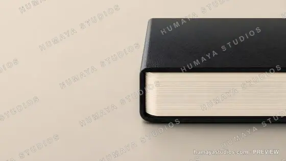 Closed thick black leather diary book on neutral background