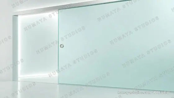 Modern frosted glass sliding door with bright illuminated hallway