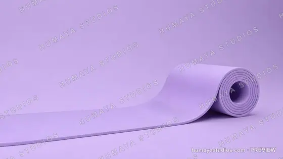 Purple Yoga Mat Rolled Out on Minimalist Background