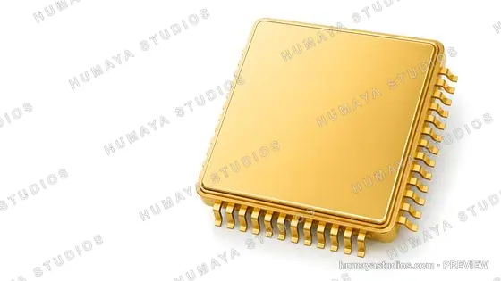 Golden Computer Processor Microchip on White Background
