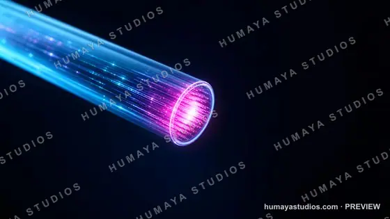 Fiber Optic Cable Transmission with Glowing Neon Light Data Stream