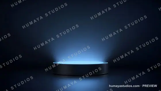 Futuristic blue glowing pedestal stage in dark studio