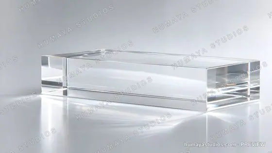 Transparent glass block on clean reflective surface, studio shot