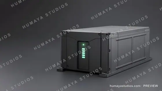 Futuristic power storage unit with glowing green status indicators