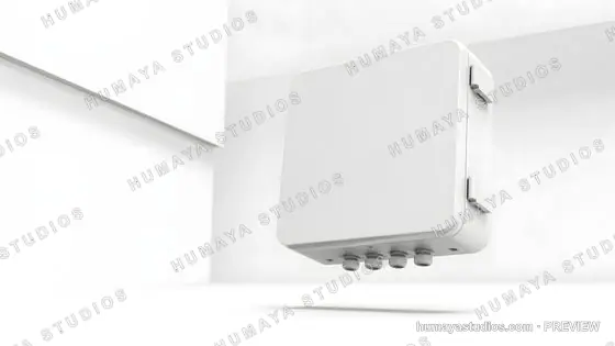 White junction box with cable glands in minimalist interior