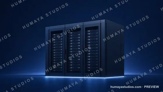 Server Racks in Data Center with Glowing Blue Light