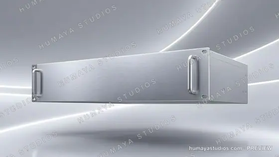 Metallic server rack enclosure floating in a futuristic clean lab