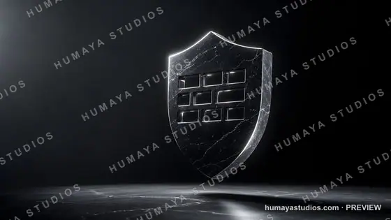 Black Marble Shield Icon with Brick Pattern on Dark Surface