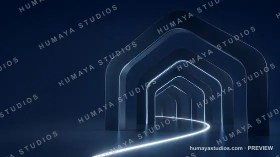 Futuristic blue glowing arch corridor tunnel