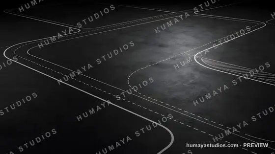 Autonomous driving testing ground with road lines on dark asphalt