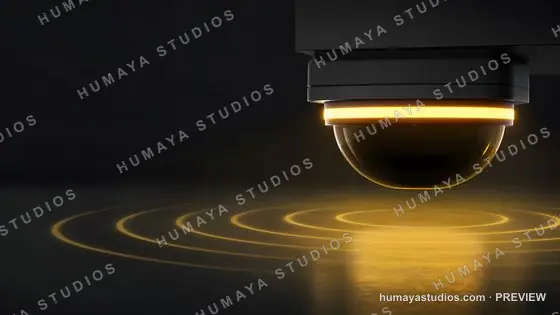 Futuristic Security Camera Scanning Ground with Yellow Light Waves