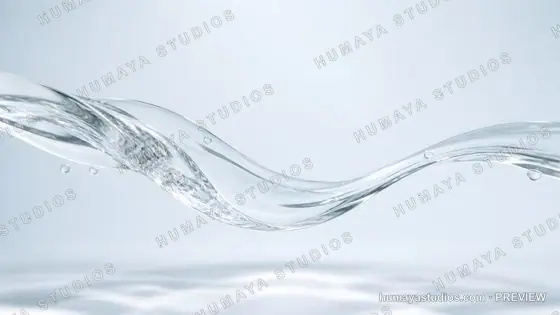 Dynamic water wave splash with bubbles on a light blue background