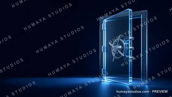 Transparent glass security vault door open in dark background