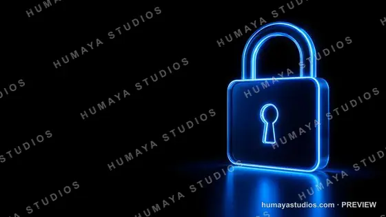 Glowing Blue Neon Padlock Symbol on Dark Background