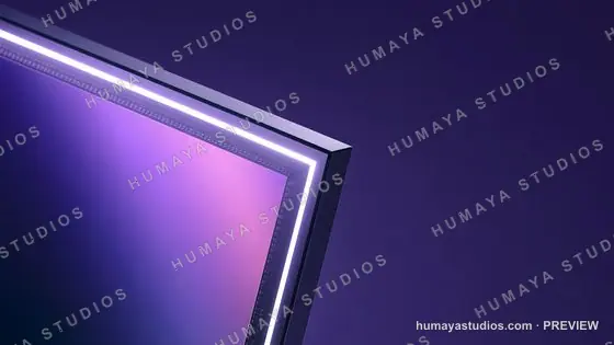 Futuristic OLED TV screen corner bezel with purple glowing backlight