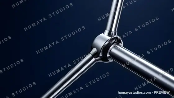 Chrome metal structure joints connecting metallic rods close up