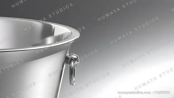 Close-up of a luxurious silver champagne bucket with handle ring