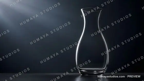 Empty glass decanter on dark table illuminated by directional light