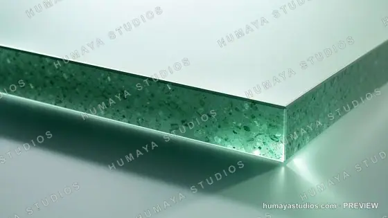 Green recycled glass slab surface and edge texture close up