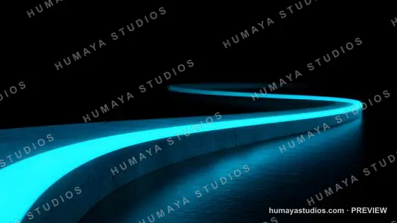 Glowing neon blue path winding through abstract dark space
