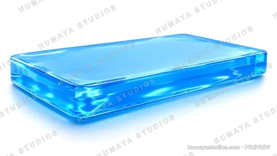 Transparent blue glass block or gelatinous solid on white background