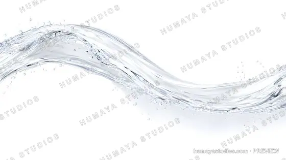 Dynamic water wave splash with bubbles isolated on white background