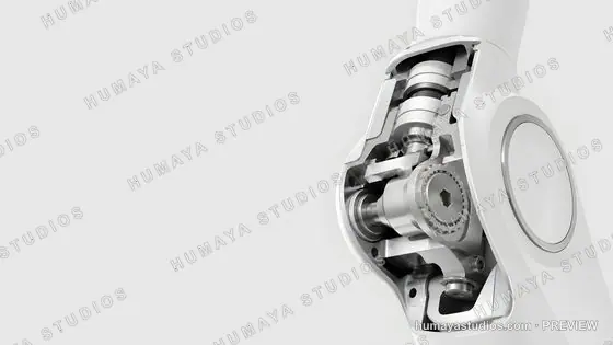 Cutaway view of a robotic arm joint with gears and mechanical parts
