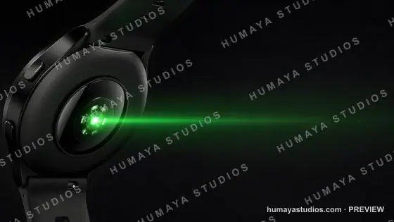 Smartwatch with Green Heart Rate Sensor Glowing in the Dark