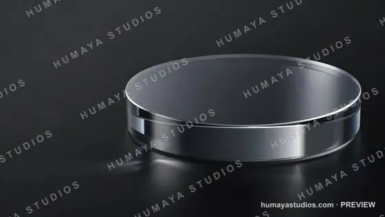 Transparent glass podium on dark background for product display