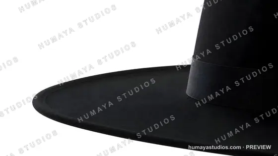 Close up of a black witch hat brim on white background