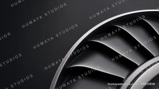 Close-up of a jet engine turbine blade in a dark studio