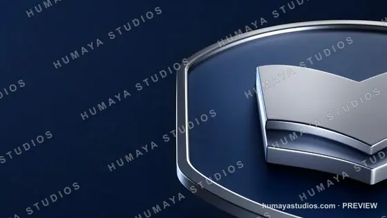 Metallic book symbol on blue shield emblem corporate identity
