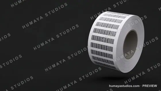 Barcode label roll on dark background, product identification concept