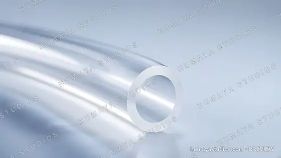 Transparent plastic hose close-up on clean light blue background