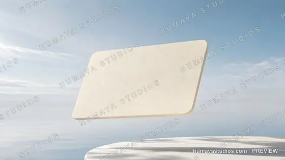 Blank card floating above podium with serene sea and sky backdrop