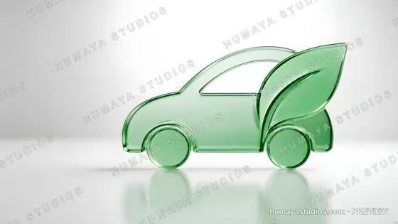 Green glass eco car icon with leaf symbol on white background