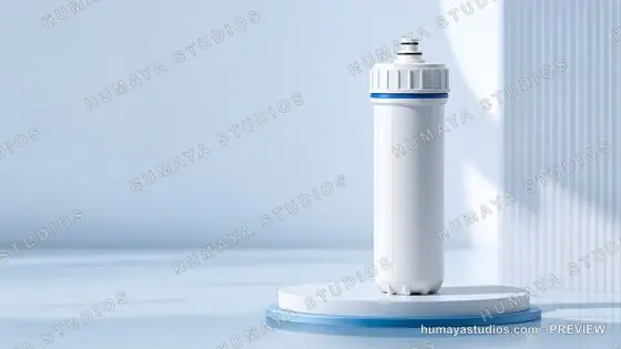 Water filter cartridge on modern podium studio background