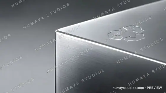 Recycling symbol engraved on brushed stainless steel metal cube
