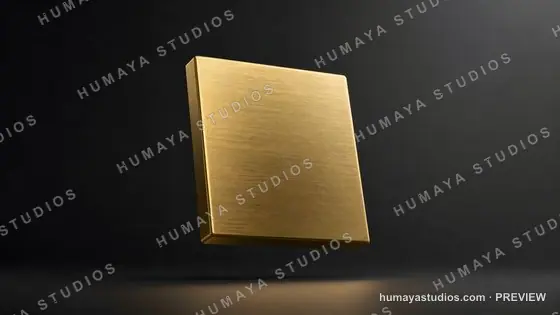 Gold brushed metal plate floating on dark studio background