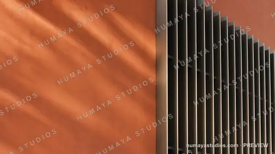 Modern architecture facade with vertical louvers and terracotta wall