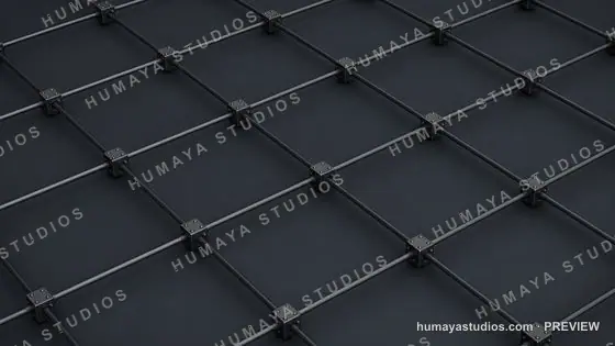 Metal Grid Structure with Industrial Connectors on Dark Background