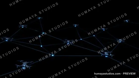 Drone swarm network with glowing digital connectivity lines