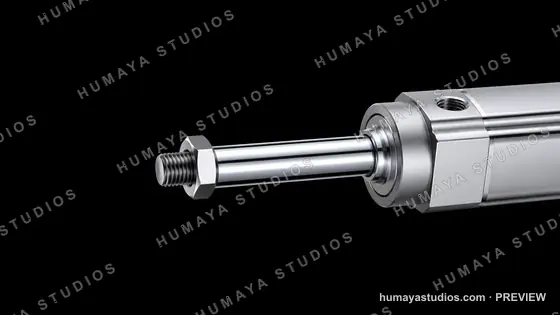 Pneumatic cylinder metallic piston rod on black background