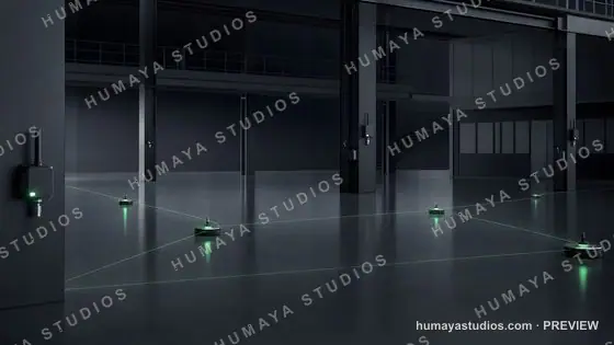 Autonomous mobile robots navigating a dark industrial warehouse facility